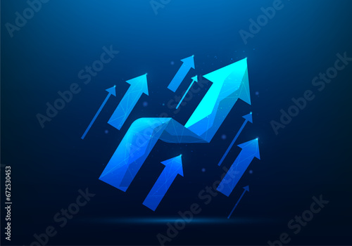 business arrow up digital technology on blue background. business investment to success. financial data graph strategy.market chart profit money increase. vector illustration hi-tech.