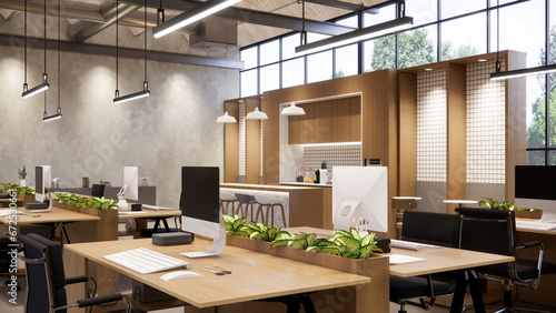 Interior Empty Modern Loft Office open space modern office footage.Modern open concept Lobby and reception area meeting room design.4k .Rendering 3d.