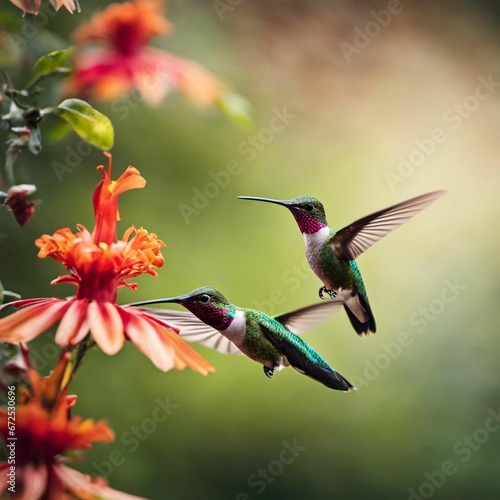 AI generated illustration of hummingbirds soaring in the sky above a vibrant orange flower