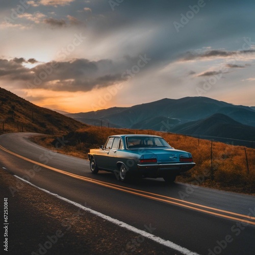 AI generated illustration of an automobile traveling along a scenic  winding road