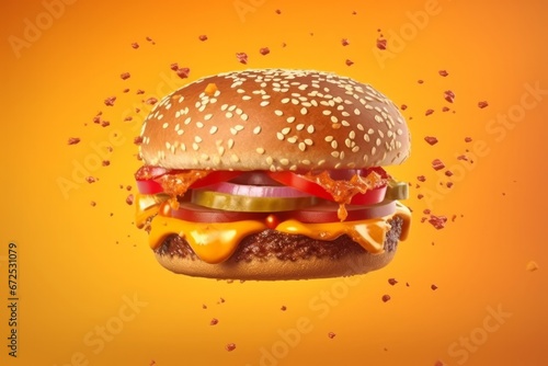 Hamburger with flying ingredients isolated on orange background. 3d rendering