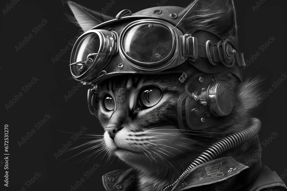 Abstract illustration of the black and white black and white cat airplane captain
