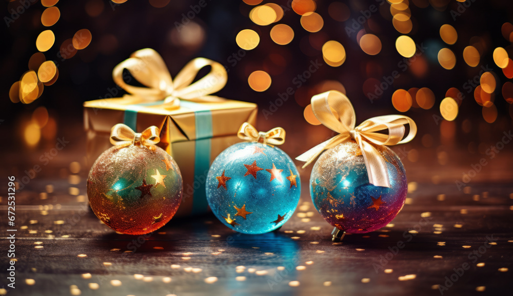 Colorful christmas balls with gifts box on a wooden background. New year holiday concept Colorful christmas balls with gifts box on a wooden background. New year holiday concept