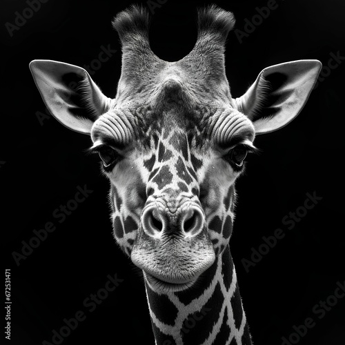 AI generated illustration of a grayscale of a head of an African giraffe on the black background