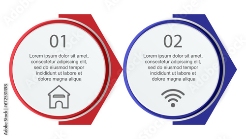 Infografis 2 langkah, desain infografis simpel terdiri dari dua bagian yang saling berkaitan, desain lingkaran dipadu garis, ikon dan warna, bagus untuk presentasi bisnis Anda