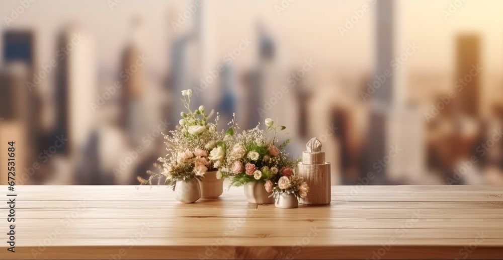 Wooden table with flowers in vase on blurred city background, mock up