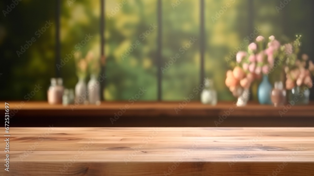Empty wooden table and blurred background of cafe or restaurant. For product display Empty wooden table and blurred background of cafe or restaurant. For product display
