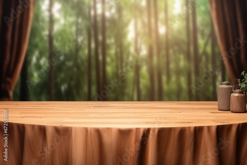 Wooden table top on blur green forest background, product display montage © Angus.YW
