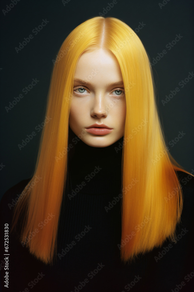 a woman with long yellow hair and a black turtle neck