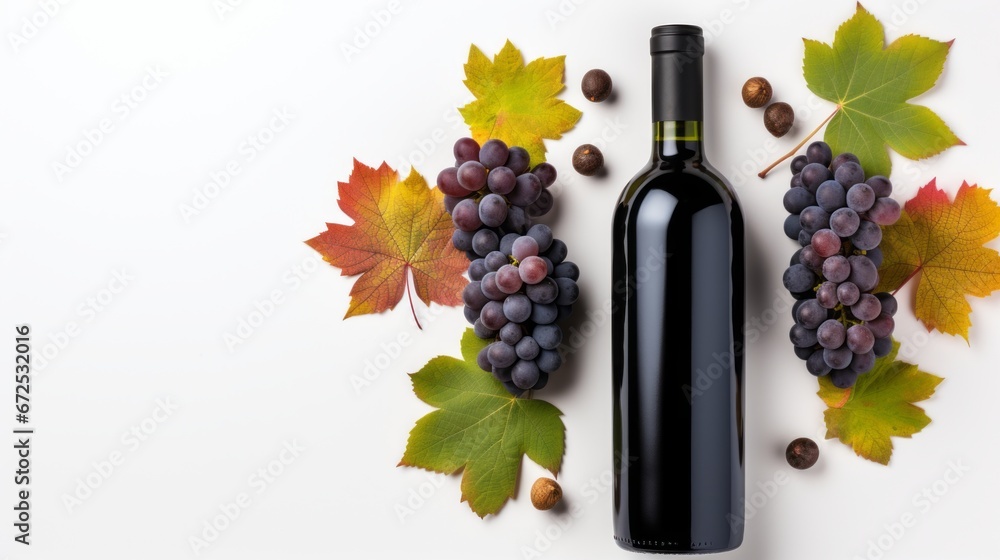 Bottle of wine with ripe grapes and orange leaves isolated on a white background Bottle of red wine with label Wine bottle mockup. top view, flat lay with copy space
