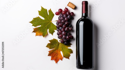 Bottle of wine with ripe grapes and orange leaves isolated on a white background Bottle of red wine with label Wine bottle mockup. top view, flat lay with copy space