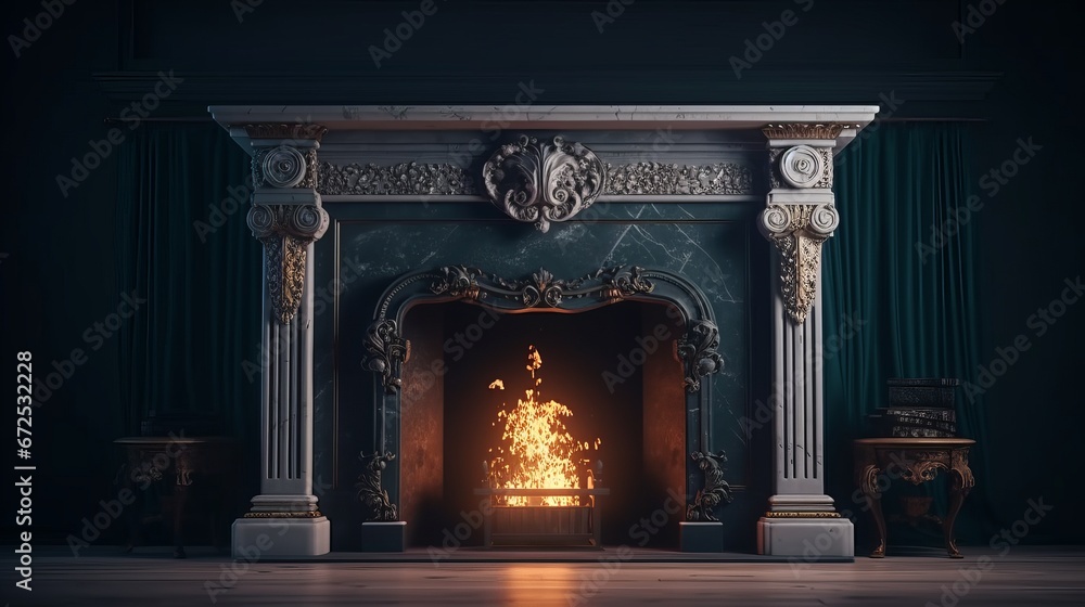 Luxury classic interior with fireplace. 3D Rendering. - obrazy, fototapety, plakaty 