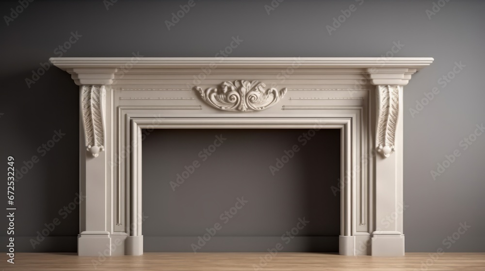 Classic white fireplace with mouldings on the wall. 3d rendering