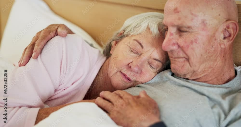 Senior, couple and sleep in bed hug for morning connection or love retirement, relax or peace. Elderly man, woman and eyes closed for calm dream in home for cozy marriage, tired rest or together care Senior, couple and sleep in bed hug for morning connection or love retirement, relax or peace. Elderly man, woman and eyes closed for calm dream in home for cozy marriage, tired rest or together care