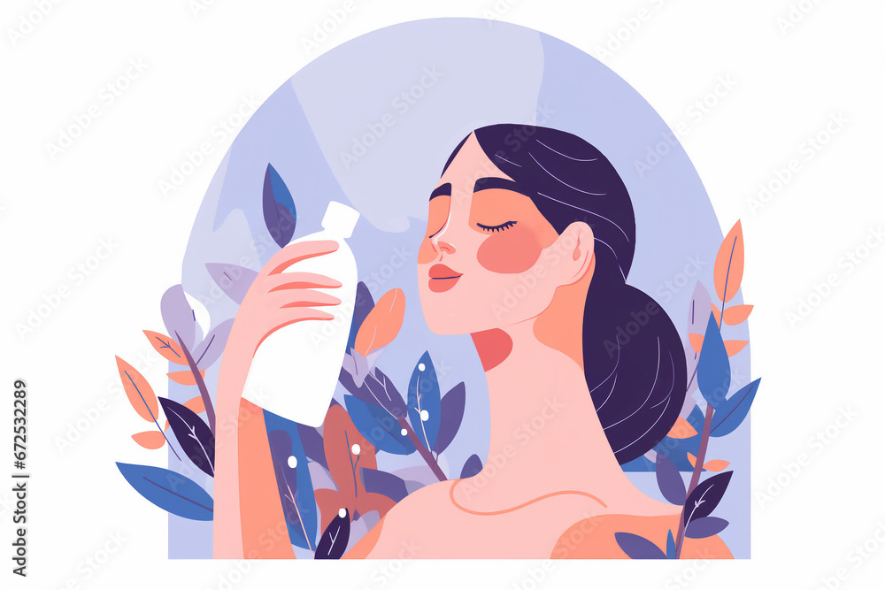  girl washing her face. Skincare spa relax concept. Woman holding organic cosmetic products. 