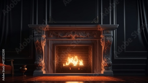 Fireplace in classic interior. 3D render. Conceptual image.