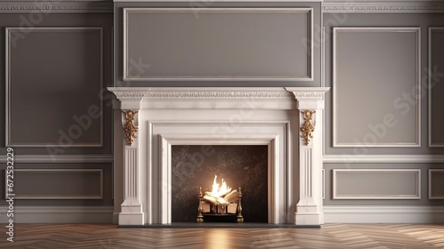 Classic interior with fireplace and armchair. 3d render illustration.