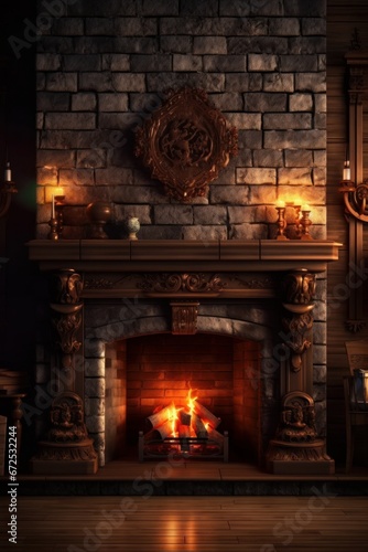 Fireplace in a dark room with a burning fire in the middle