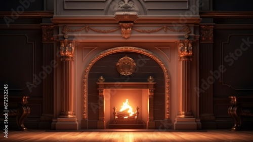 Fireplace in classic interior  3D rendering. Computer digital drawing.