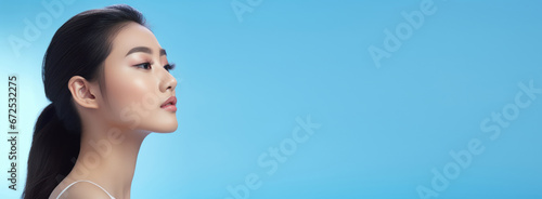 Close up shot of asian model with smooth face with copyspace, Beautiful woman with healthy skin, Cosmetics skincare ads. Lotion, Oil, Moisturizer, Ointment