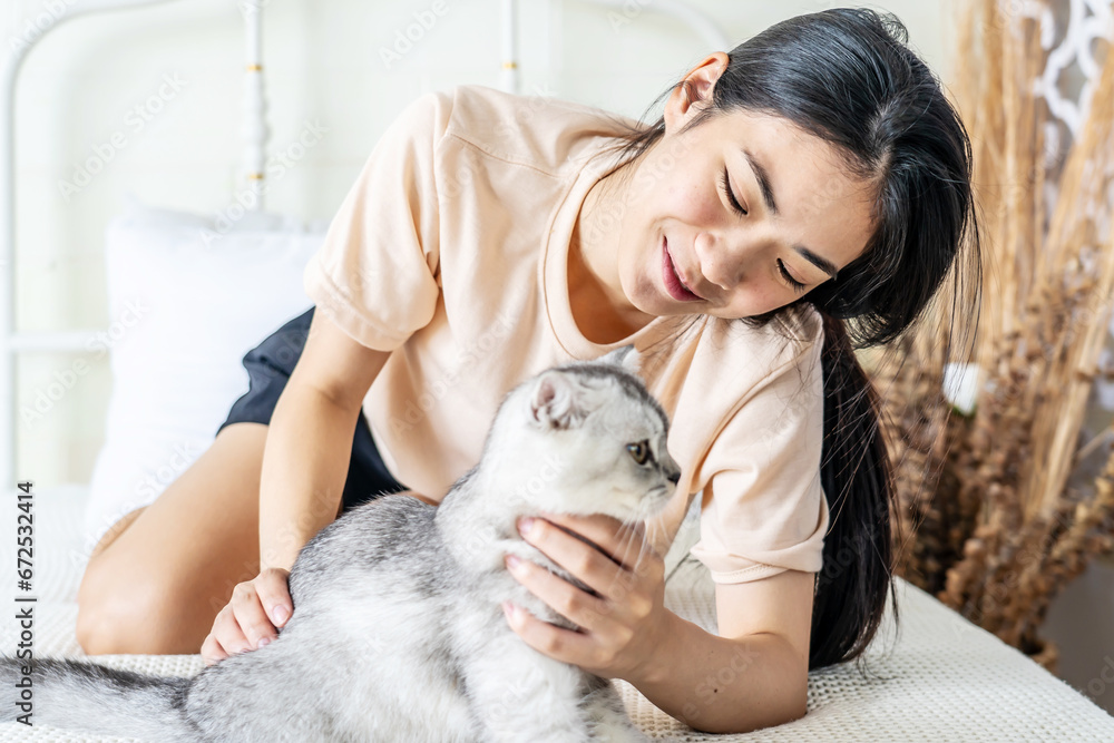 Asian young woman play with the fur little cat with happiness at home. Beautiful female sit on bed, spend leisure time stroking grey kitten close-up, Little best friends. Happy domestic animals