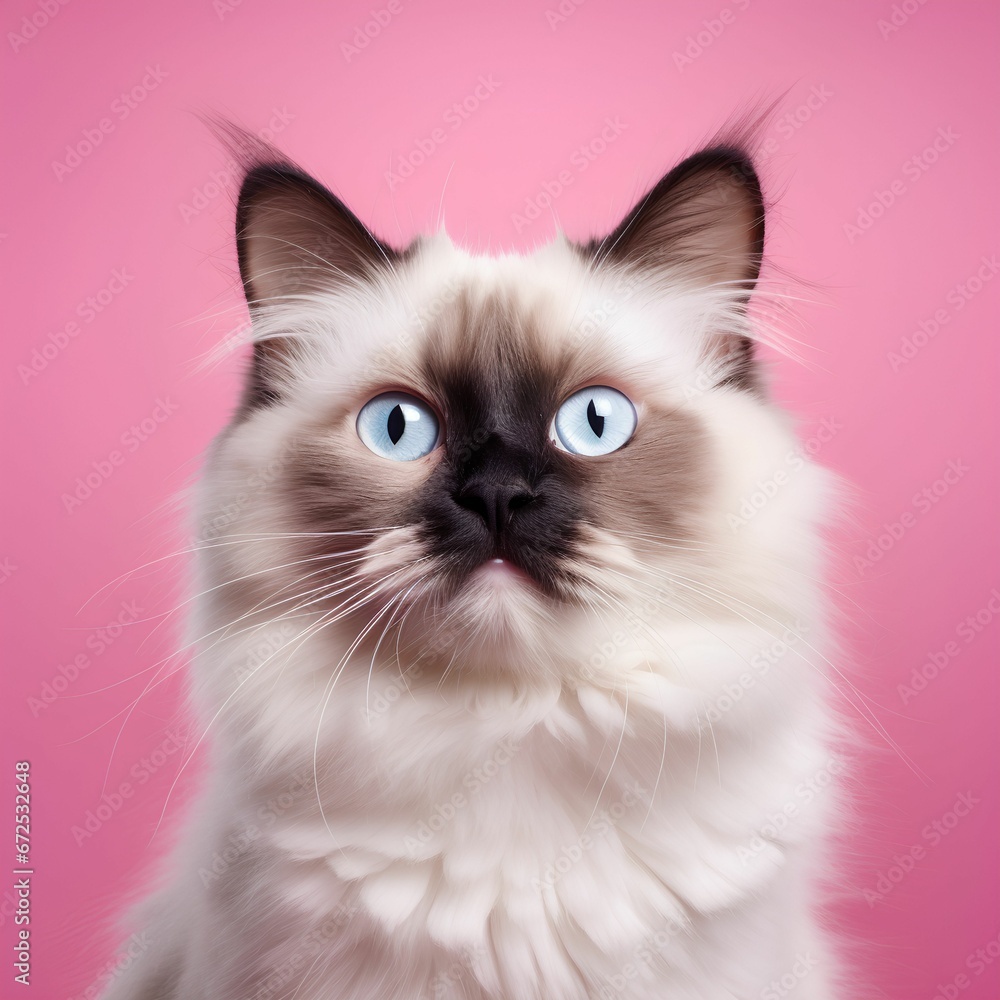 AI generated illustration of An adorable white and gray striped domestic cat with a pink backdrop