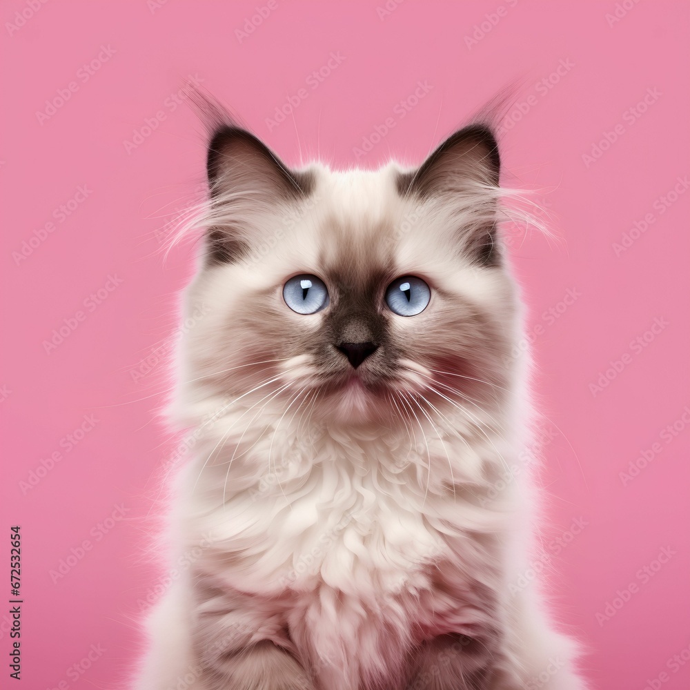AI generated illustration of An adorable white and gray striped domestic cat with a pink backdrop