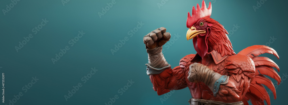 Muscle chicken gesture fist pump with copyspace, Rooster fighter showing fighting pose on bright color studio background - obrazy, fototapety, plakaty 
