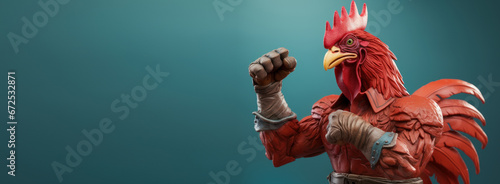 Foto Muscle chicken gesture fist pump with copyspace, Rooster fighter showing fightin