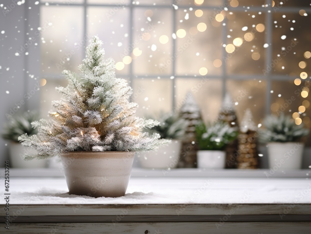 Snowy bokeh panorama with a potted Christmas tree set against a large neutral-colored canvas, soft edges, and blurred details create a Lightbox effect Snowy bokeh panorama with a potted Christmas tree set against a large neutral-colored canvas, soft edges, and blurred details create a Lightbox effect