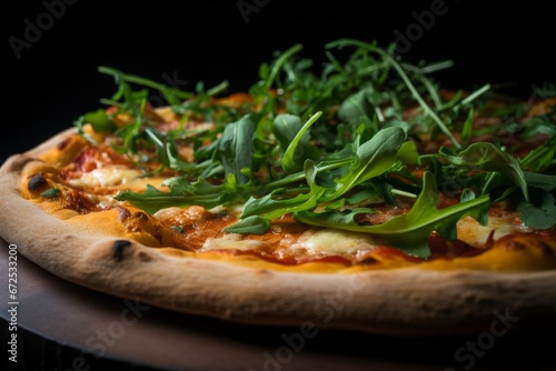 AI generated illustration of delicious pizza served on a rustic wooden platter with fresh vegetables