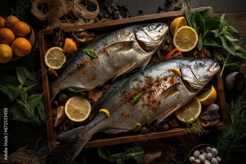 AI generated illustration of fresh fish on a platter filled with lemons, ready to be cooked
