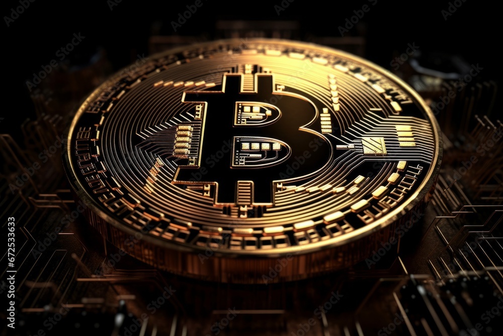 Golden bitcoin on a dark background. 3D illustration. Cryptocurrency concept. Golden bitcoin on a dark background. 3D illustration. Cryptocurrency concept.