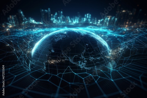 Global network connections over the world map. 3d rendering toned image double exposure