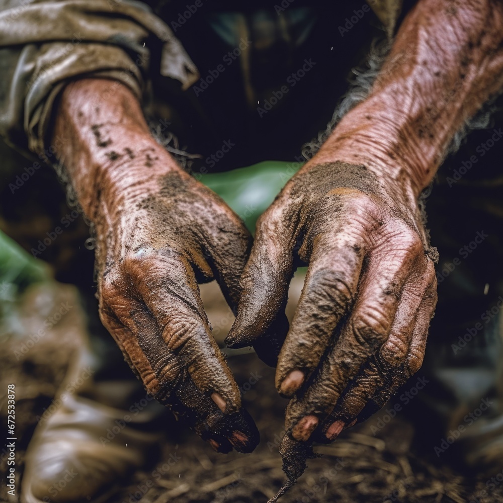 AI generated illustration of an elderly farmer's dirt-covered hands AI generated illustration of an elderly farmer's dirt-covered hands