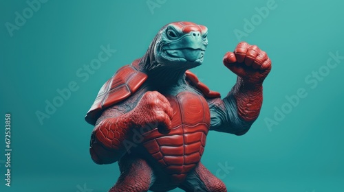 Muscle turtle gesture fist pump, Mutant turtle showing fighting pose on bright color studio background © CYBERUSS