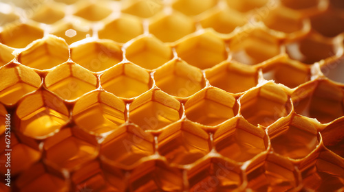 Detailed close up photo of a honeycomb full of honey
