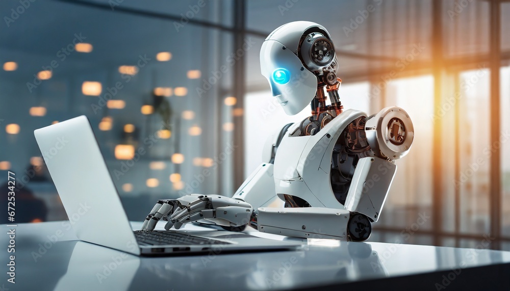 Obraz premium Digital Workforce: Robot and Computer Collaboration