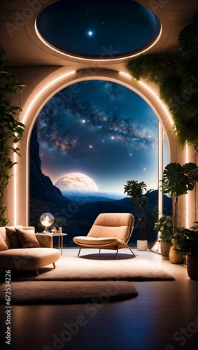 AI generated illustration of a luxurious room with a large window facing the galaxy