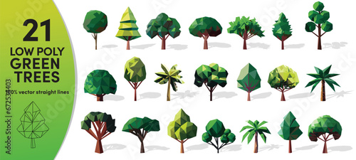 Set of Low Poly green trees. Geometric polygonal style collection. 100% Vector 3d with shadow