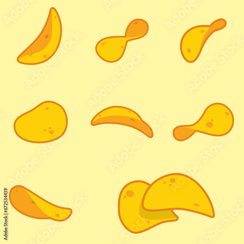 Crispy potato chips, vector illustration with crunchy snack pieces bunches. Isolated chips for advertising, package or promo ads, delicious food.