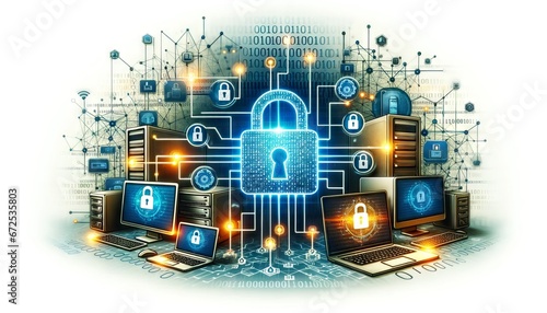 cybersecurity image with digital computer technology and locks to signify encryption and antimalware efforts photo