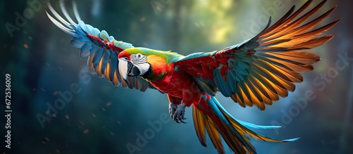 The fantastic illustration captures the majestic flight of a macaw in the animal kingdom showcasing a stunning bird in motion The wildlife depiction presents a mesmerizing picture resemblin photo
