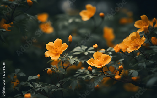 Blurry Focus on Yellow Flowers in Dark Orange and Emerald