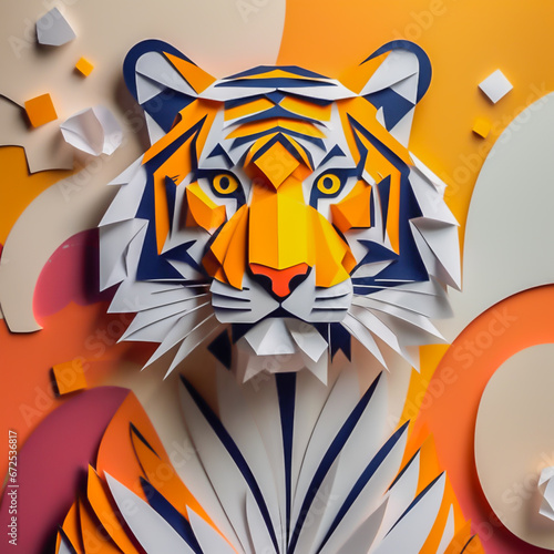 tiger made of paper on the abstract background.