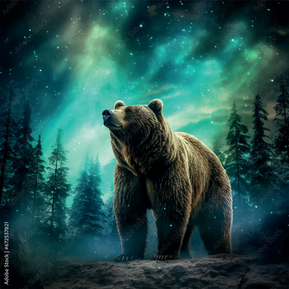 Obraz premium Illustration of bear walking through the forest with the lights above in the sky glowing bright with stars in the sky