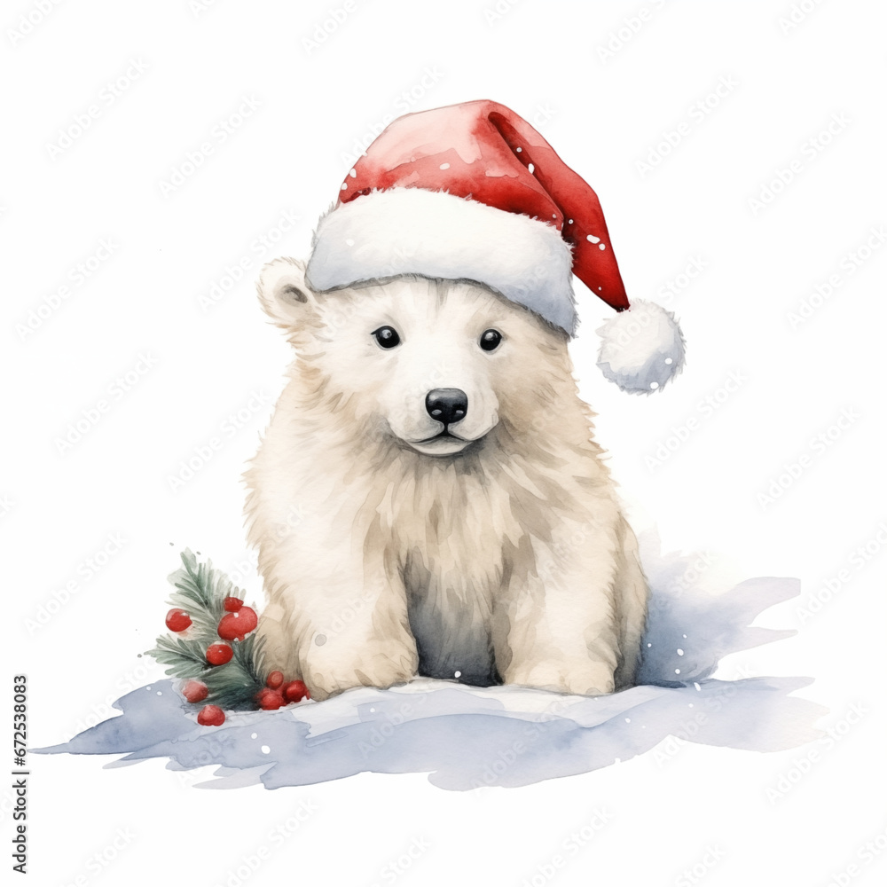 cute polar bear wear Santa hat playing with in the snow cute polar bear wear Santa hat playing with in the snow