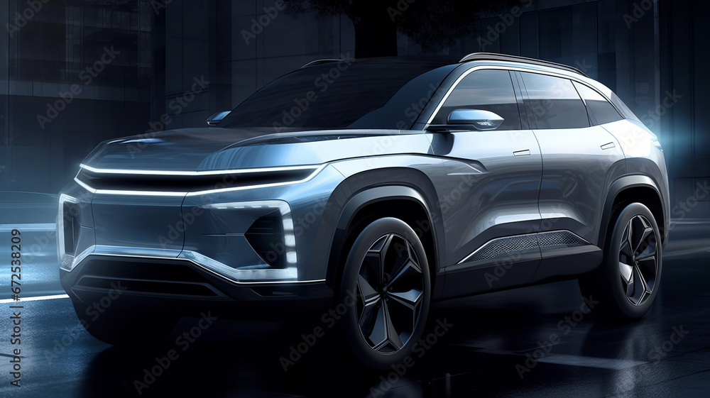 A chinese EV SUV sketch render, features clean front facial and silver body color