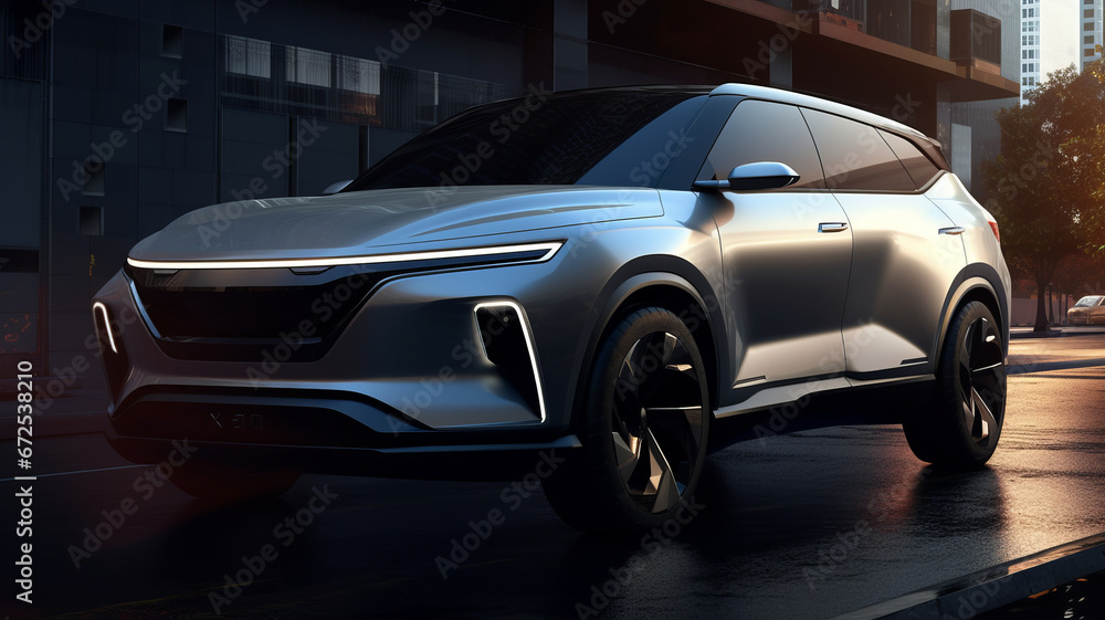 A chinese EV SUV sketch render, features clean front facial and silver body color