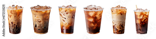 Collection of iced coffee in plastic takeaway glass isolated on a transparent background